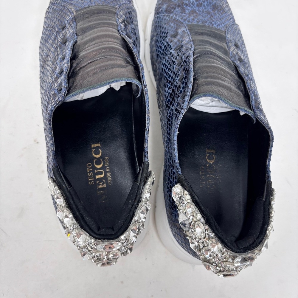 Sesto Meucci Sneakers Size 8 Blue Snake Print Leather‎ Rhinestone Heels - Picture 5 of 14